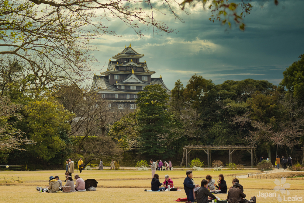 Foto der Burg Okayama vom Park aus